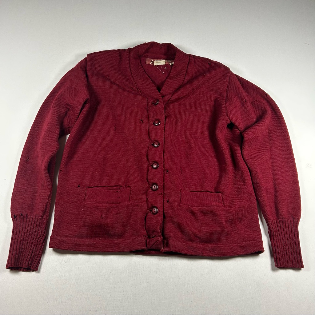 Vtg 50s Virgin Wool Cardigan Florence Knitting Mill Mens S Burgundy Distressed